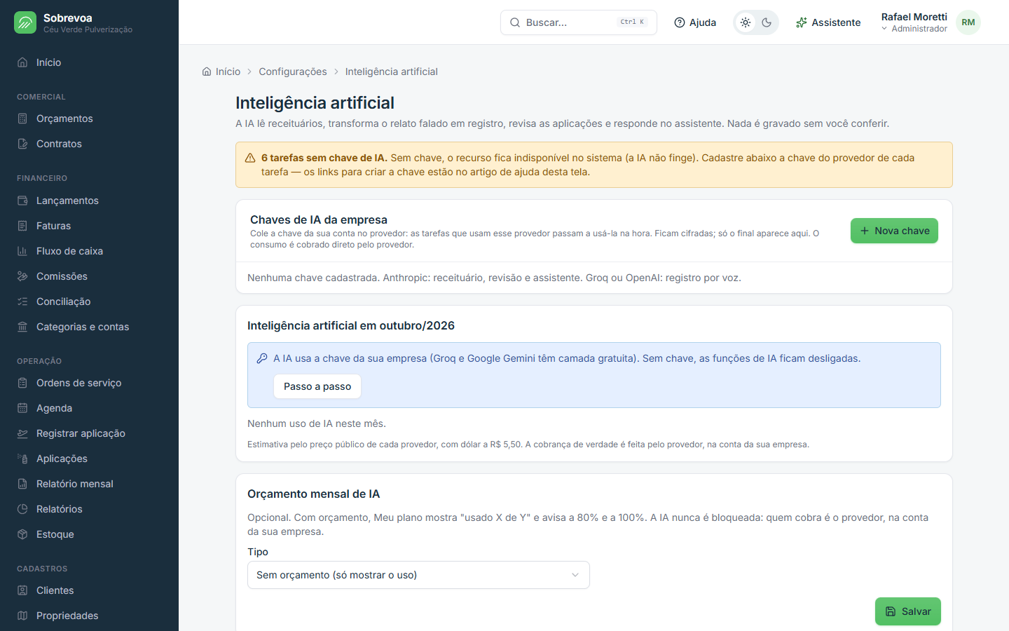 Tela do Sobrevoa: Assistente da sua empresa