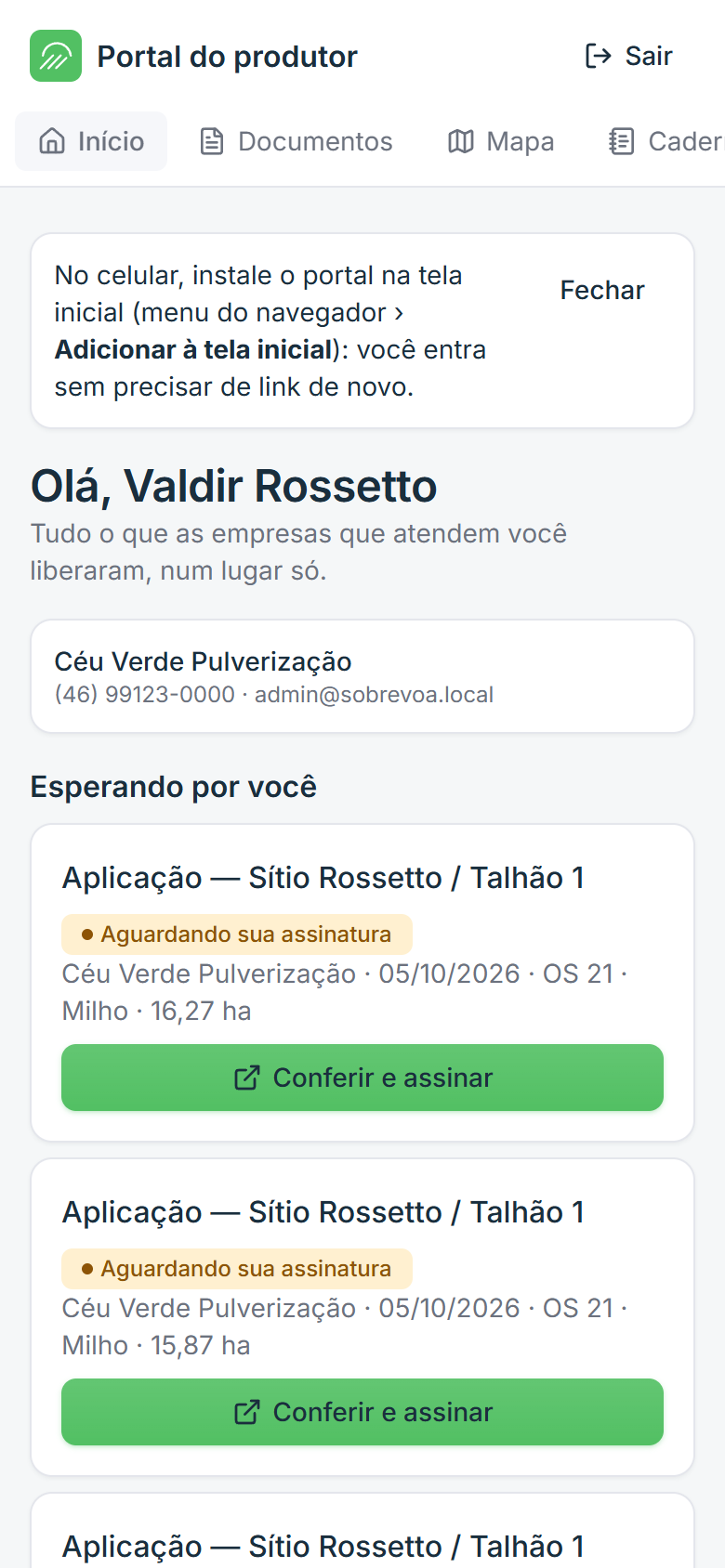 Tela do Sobrevoa: Portal do produtor