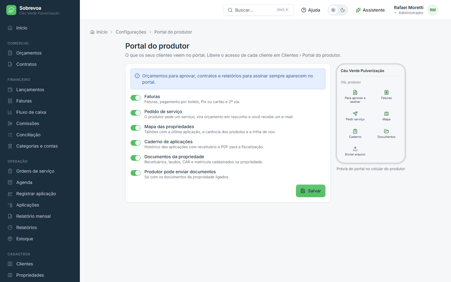 Tela do Sobrevoa: Portal do produtor