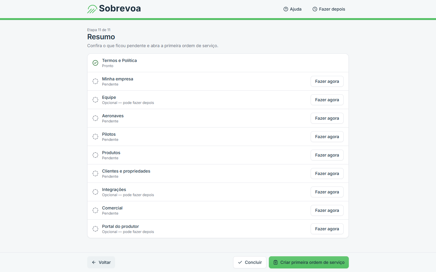 Tela do Sobrevoa: Pronto para usar no primeiro dia