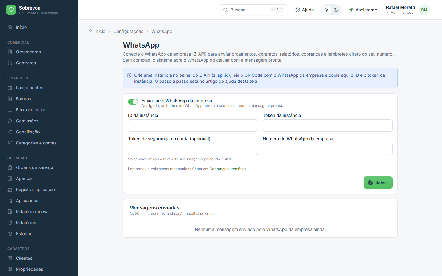 Tela do Sobrevoa: WhatsApp da empresa